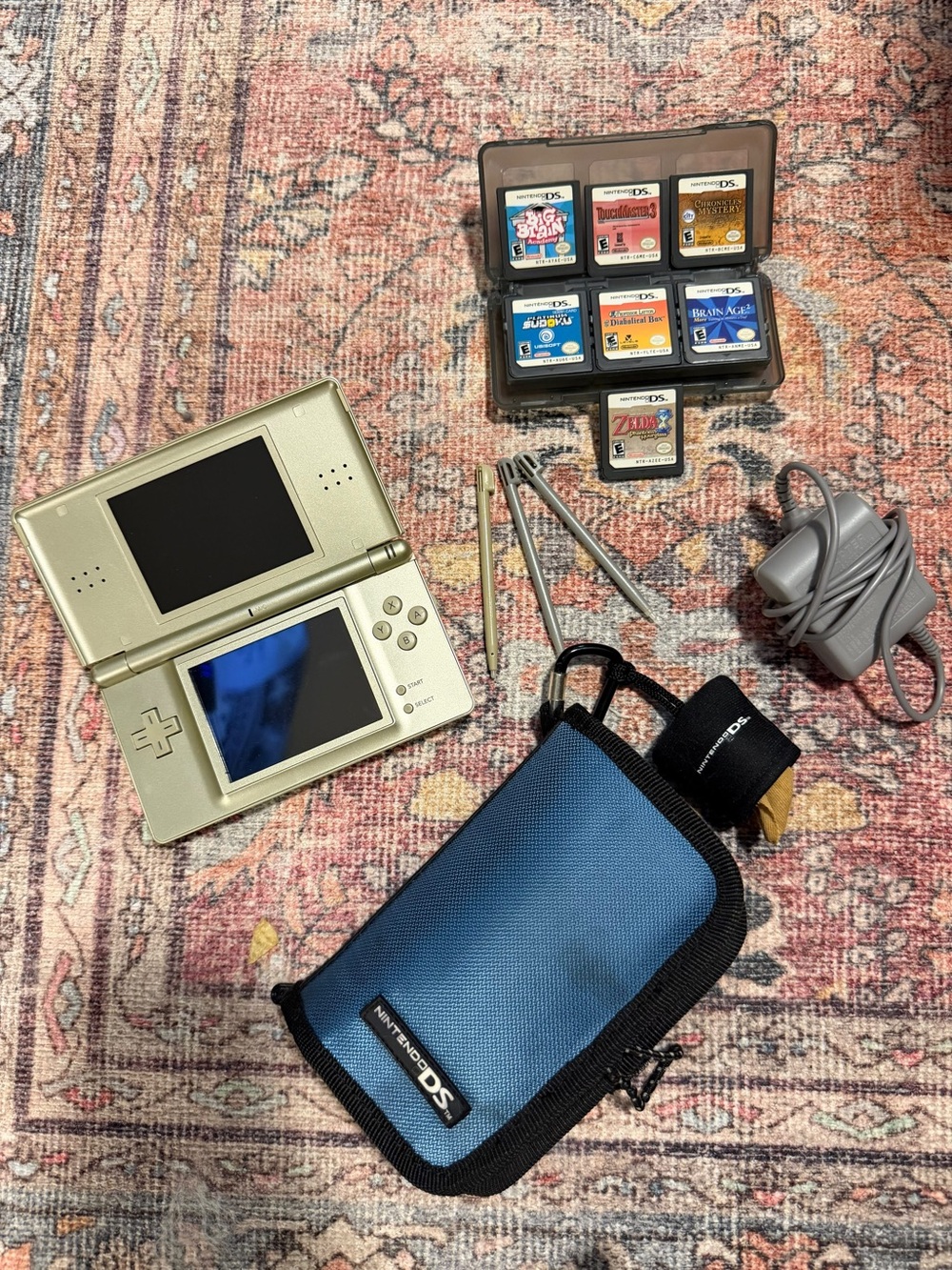 Nintendo DS Lite Metallic Green Handheld with Blue Carry Pouch and Games